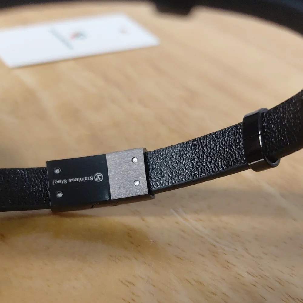 Black Leather Bracelet with Stainless Steel Silver Accents